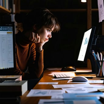 In a closeup shot a thoughtful individual sits at a cluttered desk their furrowed brow and focused gaze conveying the weight of their decisionmaking process Soft backlighting accentuates the contours of their face creating a warm glow that contrasts