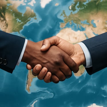 Two men shaking heads with globe underlay.