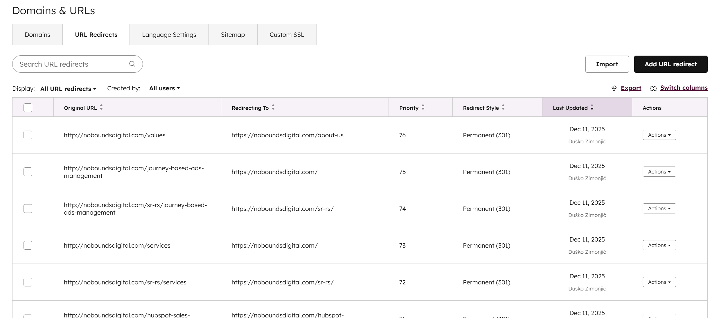 HubSpot URL redirects