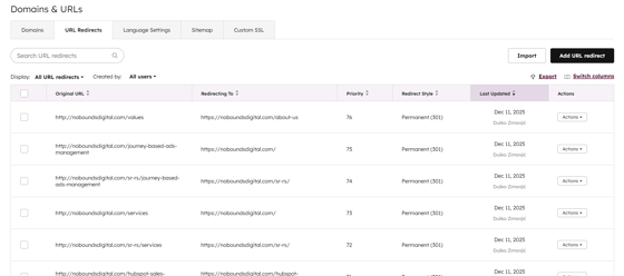 HubSpot URL redirects dashboard