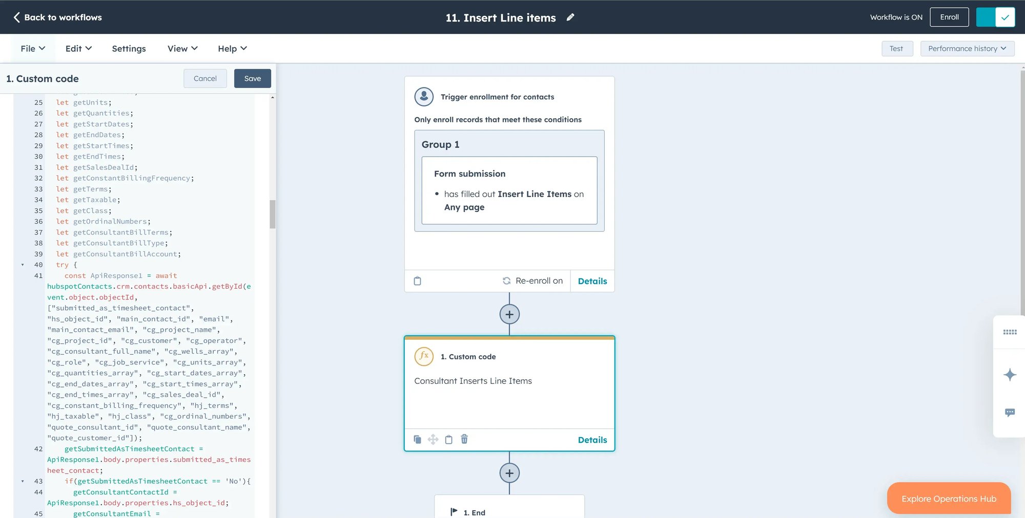HubSpot workflow with custom code and enrollment trigger for form submission