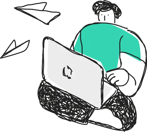 Illustration of a person using a laptop with flying paper planes, representing remote work or communication