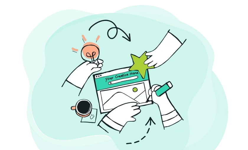 Illustration of multiple hands designing a creative website together