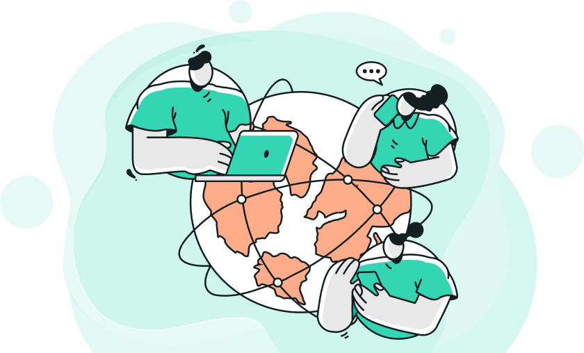 Illustration of teal characters collaborating on laptops across a world map, representing global HubSpot support Illustration of teal characters collaborating on laptops across a world map, representing global HubSpot support
