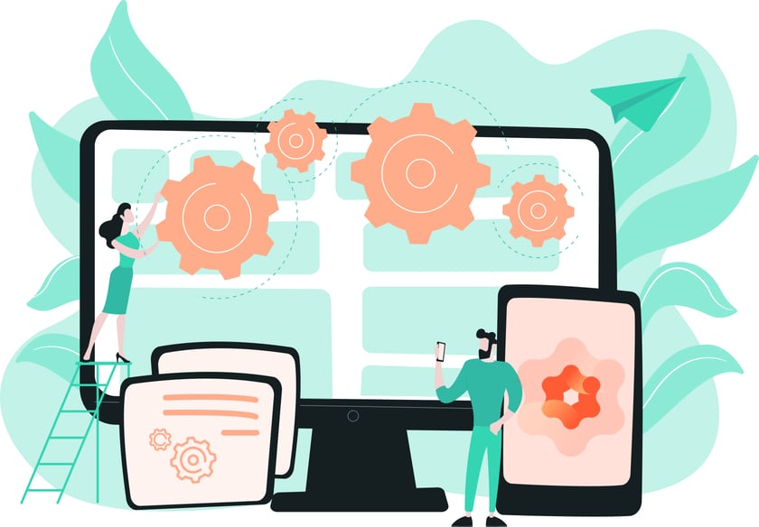 Ilustracija članova tima koji konfigurišu podešavanja na velikim ekranima i uređajima, što simbolizuje podešavanje sistema, integraciju ili digitalnu automatizaciju