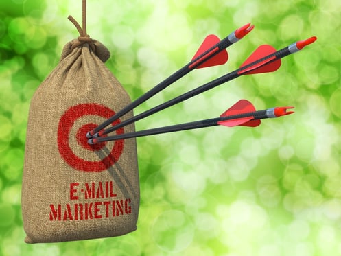 E-mail Marketing - Three Arrows Hit in Red Target on a Hanging Sack on Natural Bokeh Background..jpeg