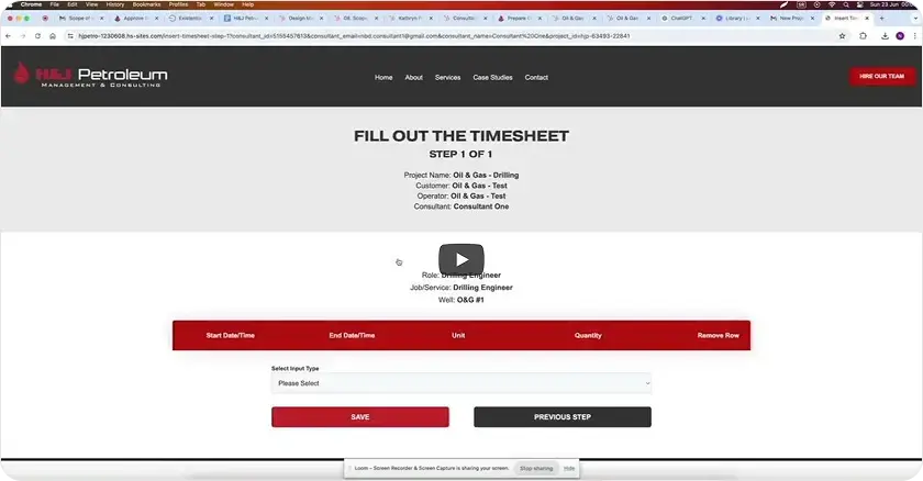 H&J Petroleum timesheet submission form interface for consultants