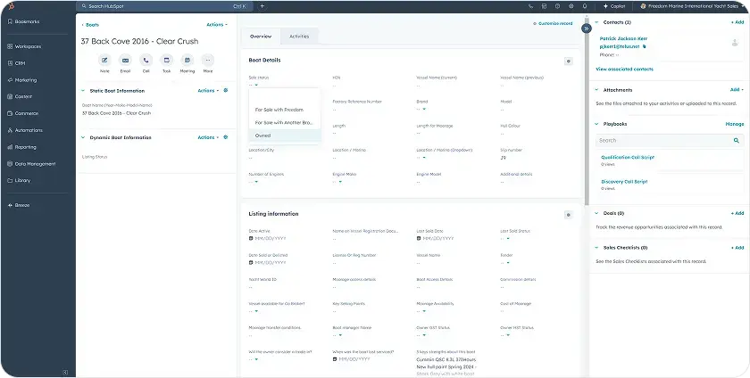 HubSpot CRM record showing object details, custom fields, and playbooks
