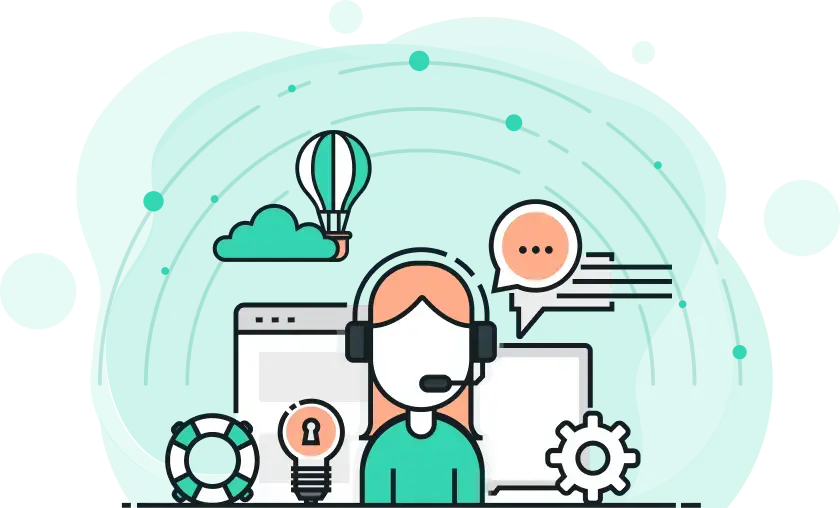 Illustration of a support agent with headset in front of dashboards, symbolizing technical guidance