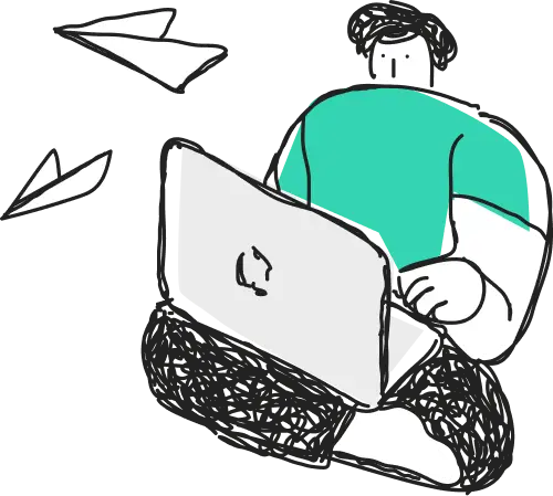 Illustration of a person using a laptop with flying paper planes, representing remote work or communication