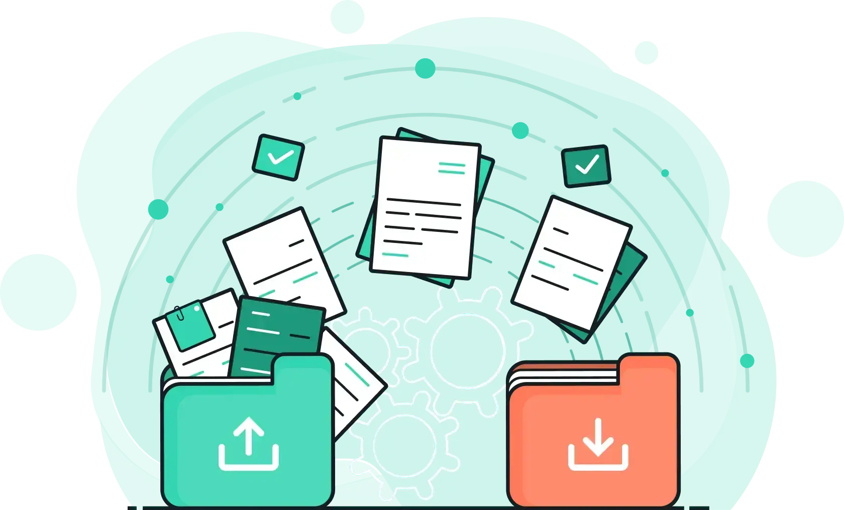 Illustration of folders, documents, and gears representing data migration and automation