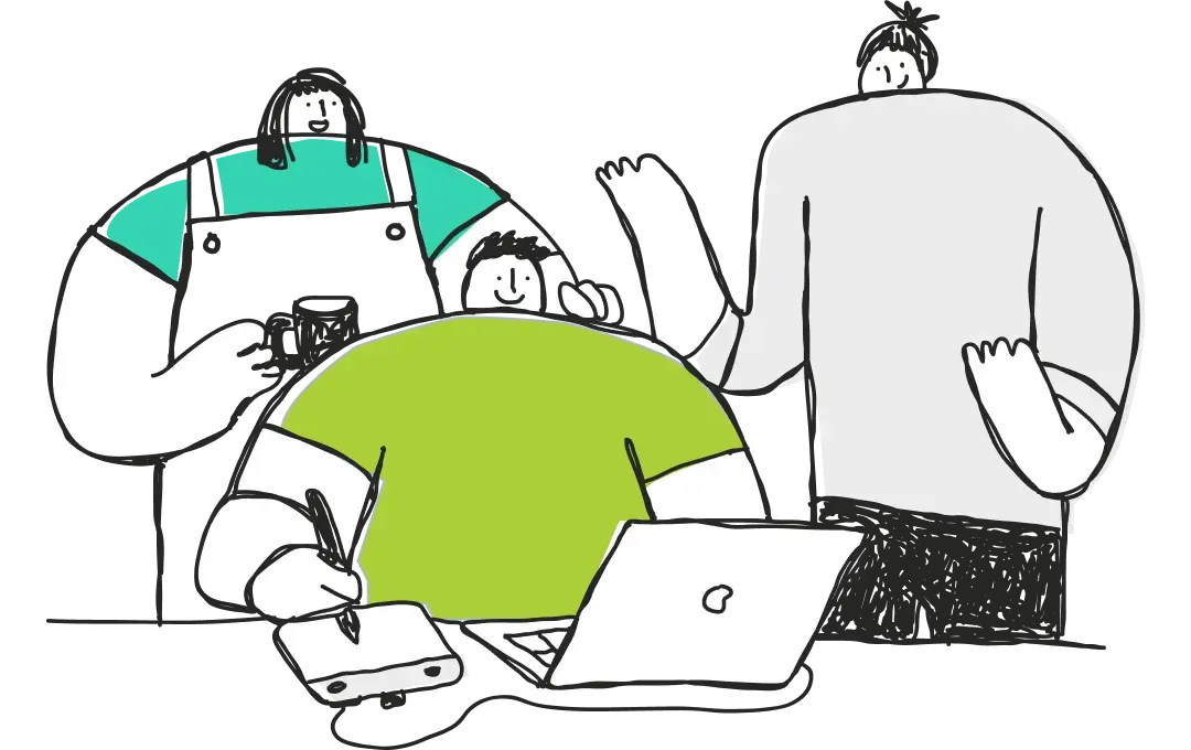 Team members collaborating around a laptop and notepad