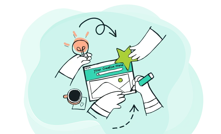 Illustration of multiple hands designing a creative website together