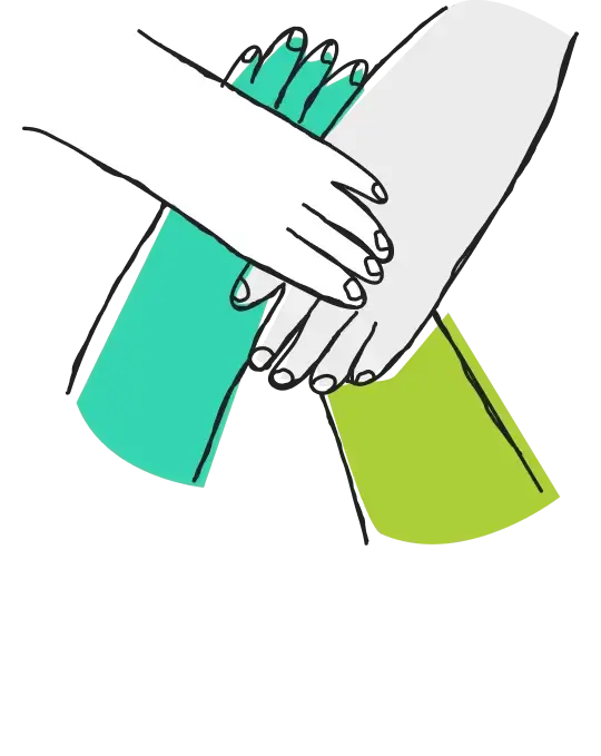 Illustrated handshake with a pencil, representing creative collaboration