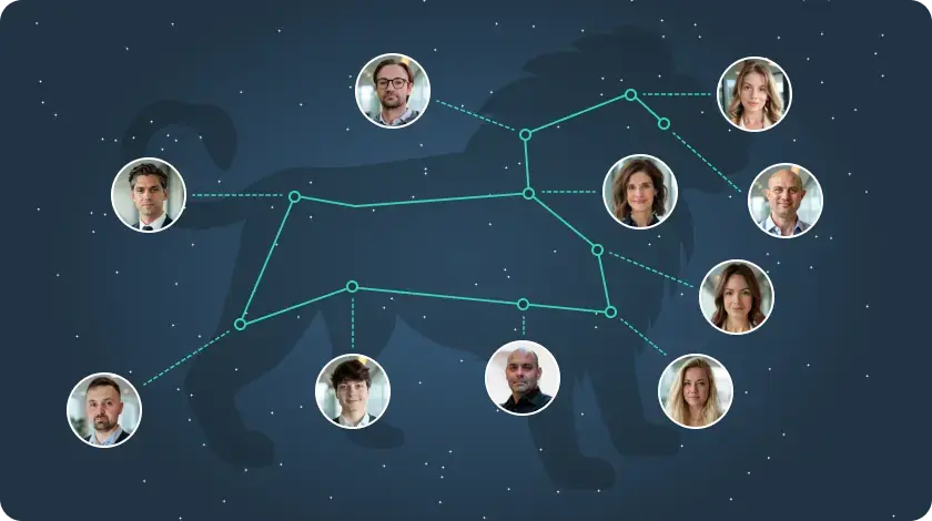 Team headshots connected by constellation lines, symbolizing collaboration across No Bounds Digital