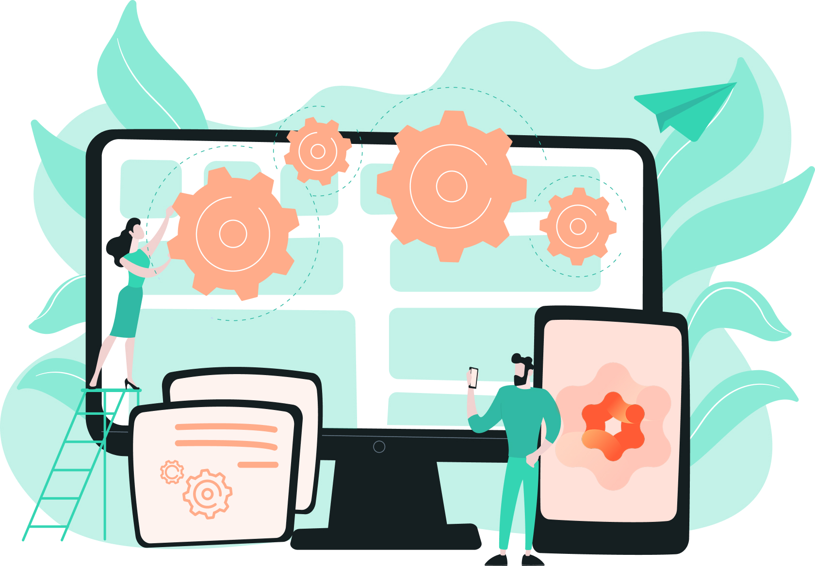 Illustration of team members configuring settings on large screens and devices, symbolizing system setup, integration, or digital automation